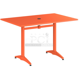 BRAND NEW SCRATCH AND DENT! Lancaster Table & Seating 427CAU3248OR 32" x 48" Orange Powder-Coated Aluminum Dining Height Outdoor Table with Umbrella Hole. May Be Missing Pieces.