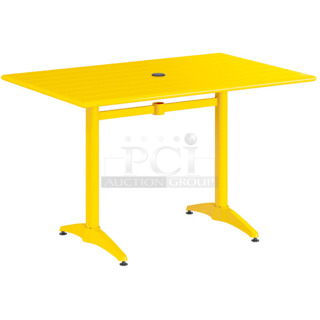 BRAND NEW SCRATCH AND DENT! Lancaster Table & Seating 427CAU3248YL 32" x 48" Yellow Powder-Coated Aluminum Dining Height Outdoor Table with Umbrella Hole. May Be Missing Pieces.