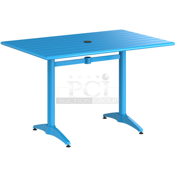 BRAND NEW SCRATCH AND DENT! Lancaster Table & Seating 427CAU3248BL 32" x 48" Blue Powder-Coated Aluminum Dining Height Outdoor Table with Umbrella Hole. May Be Missing Pieces. - Image 1 of 3
