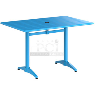BRAND NEW SCRATCH AND DENT! Lancaster Table & Seating 427CAU3248BL 32" x 48" Blue Powder-Coated Aluminum Dining Height Outdoor Table with Umbrella Hole. May Be Missing Pieces.