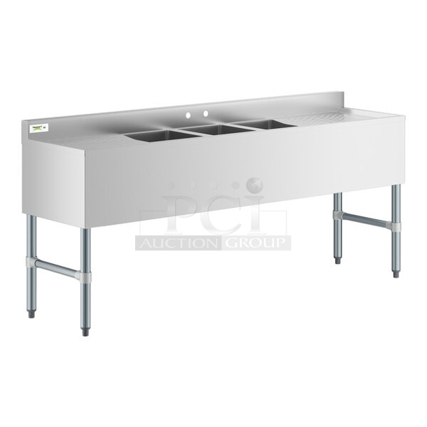 BRAND NEW SCRATCH AND DENT! Regency 600B31014219 Stainless Steel Commercial  3 Bowl Underbar Sink with Two Large Drainboards. Bays 10x14x9 - Image 1 of 9