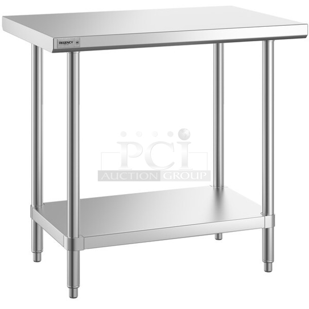 BRAND NEW SCRATCH AND DENT! Regency 600TSS2436S Spec Line 24" x 36" 14 Gauge Stainless Steel Commercial Work Table with Undershelf. May Be Missing Pieces. - Image 1 of 2