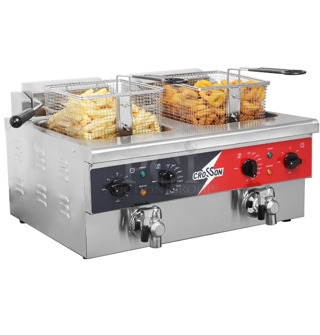 BRAND NEW SCRATCH AND DENT! 2023 Crosson EF-6V-2 Stainless Steel Commercial Countertop Electric Powered 2 Bay Fryer w/ 2 Metal Fry Baskets and 2 Lids. 120 Volts, 1 Phase.
