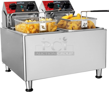 BRAND NEW SCRATCH AND DENT! 2023 Crosson CF-20 Stainless Steel Commercial Countertop Electric Powered 2 Bay Fryer. 120 Volts, 1 Phase.