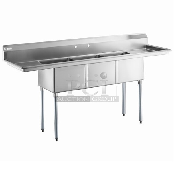 BRAND NEW SCRATCH AND DENT! Steelton 522CS31818LR 90" 18-Gauge Stainless Steel Three Compartment Commercial Sink with 2 Drainboards - 18" x 18" x 12" Bowls` - Image 1 of 8
