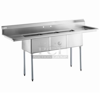 BRAND NEW SCRATCH AND DENT! Steelton 522CS31818LR 90" 18-Gauge Stainless Steel Three Compartment Commercial Sink with 2 Drainboards - 18" x 18" x 12" Bowls`