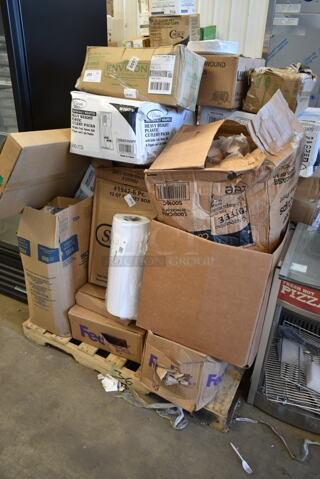 PALLET LOT of 22 BRAND NEW Boxes Including 43318TAR Choice 18" x 700' 40# White Butcher Paper Roll, 75169 1/6 Size Covers, 2 Box 130WKFSNSP Visions Individually Wrapped Heavy Weight White Plastic Cutlery Pack with Napkin and Salt and Pepper Packets - 500/Case, 50016C Choice 16 oz. Coffee Print Poly Paper Hot Cup - 1000/Case, 130HBKCUTFW Visions Individually Wrapped Black Heavy Weight Plastic Fork - 1000/Case, 5001RT800B Lavex 8" White Hardwound Paper Towel, 800 Feet / Roll - 6/Case. 22 Times Your Bid!
