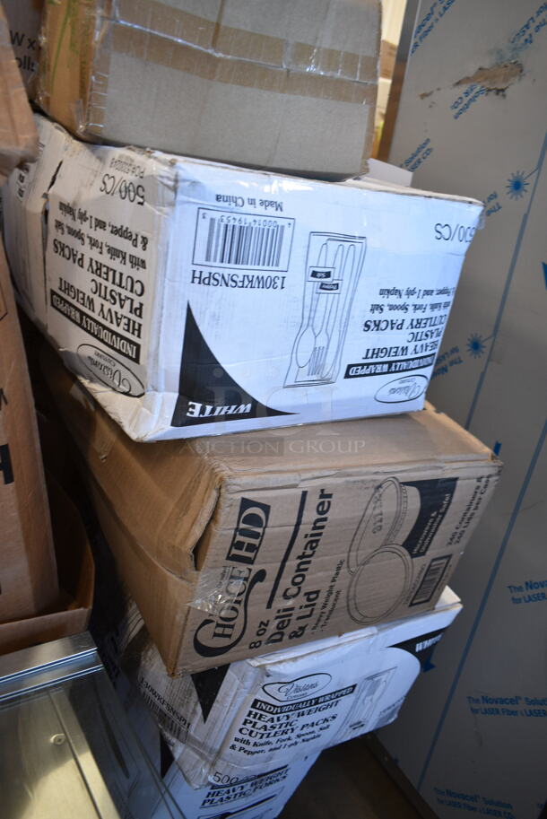 PALLET LOT of 22 BRAND NEW Boxes Including 43318TAR Choice 18" x 700' 40# White Butcher Paper Roll, 75169 1/6 Size Covers, 2 Box 130WKFSNSP Visions Individually Wrapped Heavy Weight White Plastic Cutlery Pack with Napkin and Salt and Pepper Packets - 500/Case, 50016C Choice 16 oz. Coffee Print Poly Paper Hot Cup - 1000/Case, 130HBKCUTFW Visions Individually Wrapped Black Heavy Weight Plastic Fork - 1000/Case, 5001RT800B Lavex 8" White Hardwound Paper Towel, 800 Feet / Roll - 6/Case. 22 Times Your Bid! - Image 7 of 12