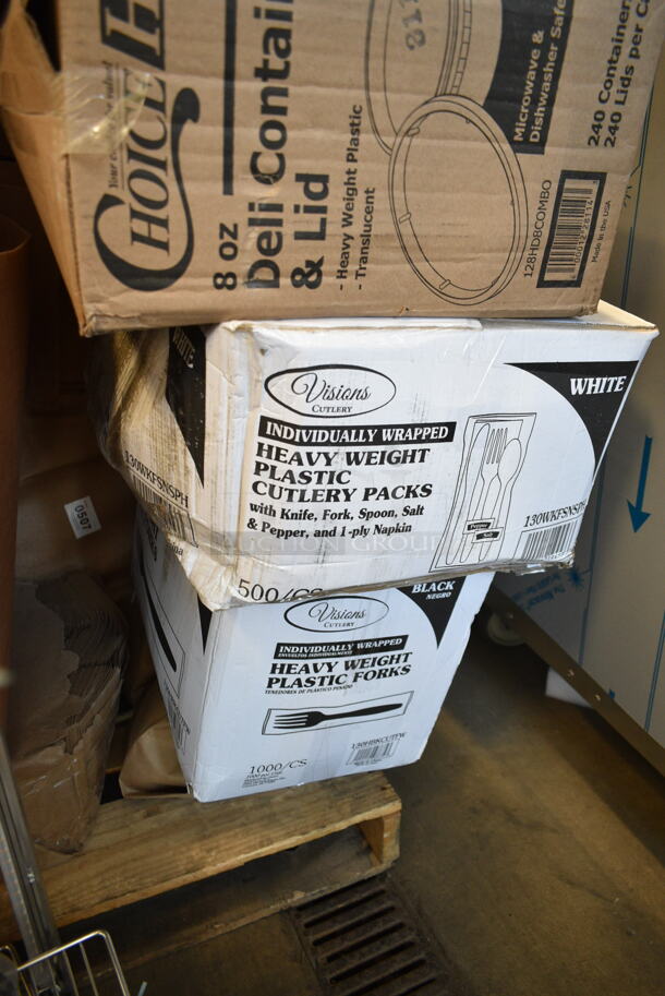 PALLET LOT of 22 BRAND NEW Boxes Including 43318TAR Choice 18" x 700' 40# White Butcher Paper Roll, 75169 1/6 Size Covers, 2 Box 130WKFSNSP Visions Individually Wrapped Heavy Weight White Plastic Cutlery Pack with Napkin and Salt and Pepper Packets - 500/Case, 50016C Choice 16 oz. Coffee Print Poly Paper Hot Cup - 1000/Case, 130HBKCUTFW Visions Individually Wrapped Black Heavy Weight Plastic Fork - 1000/Case, 5001RT800B Lavex 8" White Hardwound Paper Towel, 800 Feet / Roll - 6/Case. 22 Times Your Bid! - Image 8 of 12