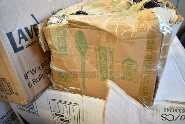 PALLET LOT of 22 BRAND NEW Boxes Including 43318TAR Choice 18" x 700' 40# White Butcher Paper Roll, 75169 1/6 Size Covers, 2 Box 130WKFSNSP Visions Individually Wrapped Heavy Weight White Plastic Cutlery Pack with Napkin and Salt and Pepper Packets - 500/Case, 50016C Choice 16 oz. Coffee Print Poly Paper Hot Cup - 1000/Case, 130HBKCUTFW Visions Individually Wrapped Black Heavy Weight Plastic Fork - 1000/Case, 5001RT800B Lavex 8" White Hardwound Paper Towel, 800 Feet / Roll - 6/Case. 22 Times Your Bid! - Image 9 of 12