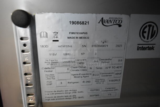 BRAND NEW SCRATCH AND DENT! 2023 Avantco 447APST48 Stainless Steel Commercial 48" 2 Door Stainless Steel Refrigerated Sandwich / Salad Prep Table on Commercial Casters. 115 Volts, 1 Phase. Tested and Working! - Image 7 of 7
