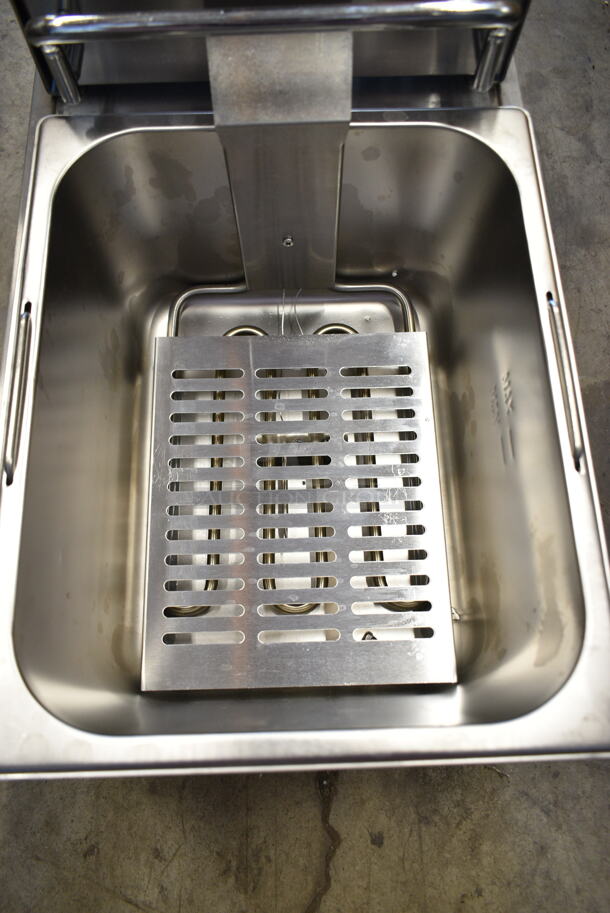 BRAND NEW SCRATCH AND DENT! 2023 Crosson CF-13 Stainless Steel Commercial Countertop Electric Powered Fryer w/ Metal Fry Basket and Lid. 120 Volts, 1 Phase. - Image 4 of 5