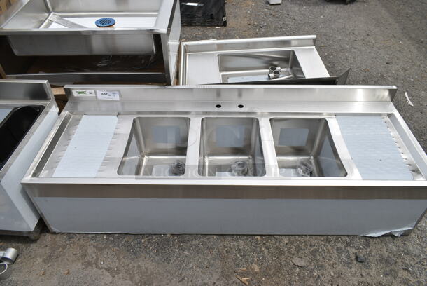 BRAND NEW SCRATCH AND DENT! Regency 600B32160213 Stainless Steel 3 Bowl Underbar Sink with Two Drainboards. No Legs. Bays 10x14x9.5. Drain Board 11.5x15 - Image 3 of 6