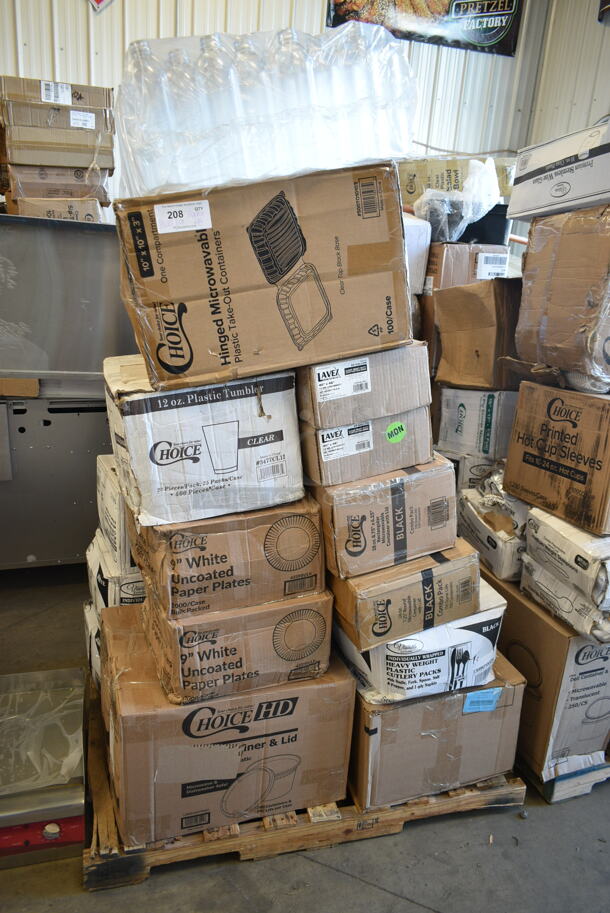 PALLET LOT of 28 BRAND NEW Boxes Including 2 Box 4339BULK Choice 9" White Uncoated Paper Plate - 1000/Case, 3 Box 5014046XXHC Lavex Pro 45 Gallon 3 Mil 40" x 46" Low Density Industrial Contractor Clear Can Liner / Trash Bag - 50/Case, 129MCS28B Choice 28 oz. Black Rectangular Microwavable Heavy Weight Container with Lid 8 3/4" x 6 1/4" x 1 3/4" - 150/Case, 129MCR24B Choice 24 oz. Black Round Microwavable Heavy Weight Container with Lid 7 1/4" - 150/Case, 347TCL12 Choice 12 oz. Clear Disposable Plastic Tumbler - 500/Case, 500TO10103 Choice 10" x 10" x 3" Microwaveable 1-Compartment Black / Clear Plastic Hinged Container - 100/Case, 3 Box WKFSNSPH Visions Individually Wrapped Heavy Weight White Plastic Cutlery Pack with Napkin and Salt and Pepper Packets - 500/Case, 130BKFKSNX500 Choice Black Extra Heavy Weight Wrapped Plastic Cutlery Pack with Napkin - 500/Case, 3 Box 130TRAY12 Visions Black PET Plastic 12" Thermoform Catering / Deli Tray - 25/Case. 28 Times Your Bid! - Image 1 of 10