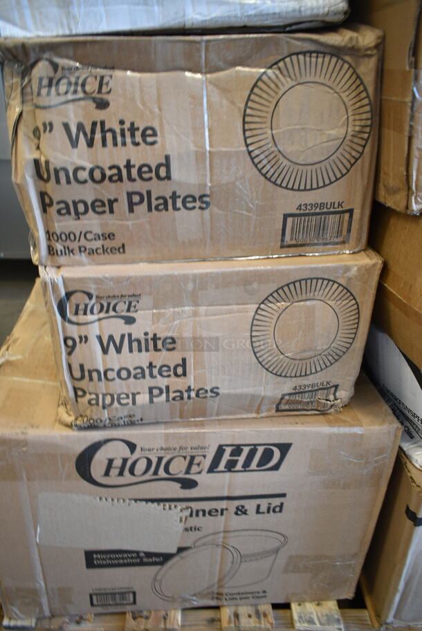 PALLET LOT of 28 BRAND NEW Boxes Including 2 Box 4339BULK Choice 9" White Uncoated Paper Plate - 1000/Case, 3 Box 5014046XXHC Lavex Pro 45 Gallon 3 Mil 40" x 46" Low Density Industrial Contractor Clear Can Liner / Trash Bag - 50/Case, 129MCS28B Choice 28 oz. Black Rectangular Microwavable Heavy Weight Container with Lid 8 3/4" x 6 1/4" x 1 3/4" - 150/Case, 129MCR24B Choice 24 oz. Black Round Microwavable Heavy Weight Container with Lid 7 1/4" - 150/Case, 347TCL12 Choice 12 oz. Clear Disposable Plastic Tumbler - 500/Case, 500TO10103 Choice 10" x 10" x 3" Microwaveable 1-Compartment Black / Clear Plastic Hinged Container - 100/Case, 3 Box WKFSNSPH Visions Individually Wrapped Heavy Weight White Plastic Cutlery Pack with Napkin and Salt and Pepper Packets - 500/Case, 130BKFKSNX500 Choice Black Extra Heavy Weight Wrapped Plastic Cutlery Pack with Napkin - 500/Case, 3 Box 130TRAY12 Visions Black PET Plastic 12" Thermoform Catering / Deli Tray - 25/Case. 28 Times Your Bid! - Image 2 of 10