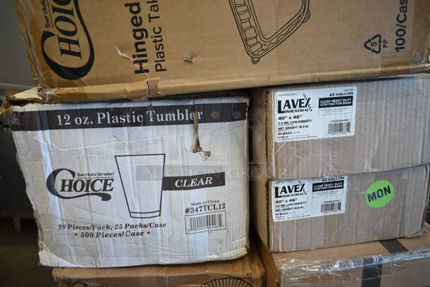 PALLET LOT of 28 BRAND NEW Boxes Including 2 Box 4339BULK Choice 9" White Uncoated Paper Plate - 1000/Case, 3 Box 5014046XXHC Lavex Pro 45 Gallon 3 Mil 40" x 46" Low Density Industrial Contractor Clear Can Liner / Trash Bag - 50/Case, 129MCS28B Choice 28 oz. Black Rectangular Microwavable Heavy Weight Container with Lid 8 3/4" x 6 1/4" x 1 3/4" - 150/Case, 129MCR24B Choice 24 oz. Black Round Microwavable Heavy Weight Container with Lid 7 1/4" - 150/Case, 347TCL12 Choice 12 oz. Clear Disposable Plastic Tumbler - 500/Case, 500TO10103 Choice 10" x 10" x 3" Microwaveable 1-Compartment Black / Clear Plastic Hinged Container - 100/Case, 3 Box WKFSNSPH Visions Individually Wrapped Heavy Weight White Plastic Cutlery Pack with Napkin and Salt and Pepper Packets - 500/Case, 130BKFKSNX500 Choice Black Extra Heavy Weight Wrapped Plastic Cutlery Pack with Napkin - 500/Case, 3 Box 130TRAY12 Visions Black PET Plastic 12" Thermoform Catering / Deli Tray - 25/Case. 28 Times Your Bid! - Image 4 of 10