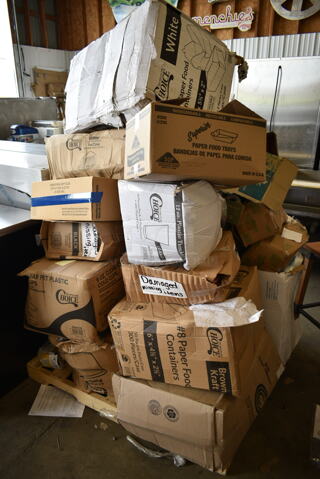 PALLET LOT of 30 BRAND NEW Boxes Including Noble Large Gloves, 3 Boxes Environ 1058150 Knives, Lavex 2 Ply Toilet Paper Rolls, 5153 American Flag Trays, 5002DNAPRED Red Table Napkins, 795PTOKFT Choice 8 1/2" x 6" x 2" Kraft Folded Paper #2 Take-Out Container with Window - 160/Case, 129MCS24B Choice 24 oz. Black Rectangular Microwavable Heavy Weight Container with Lid 8" x 5 1/4" x 2" - 150/Case, 500CC9 Choice 9 oz. Clear PET Customizable Plastic Squat Cold Cup - 1000/Case, 433HSLCPIE Plastic Pie Container. 30 Times Your Bid!