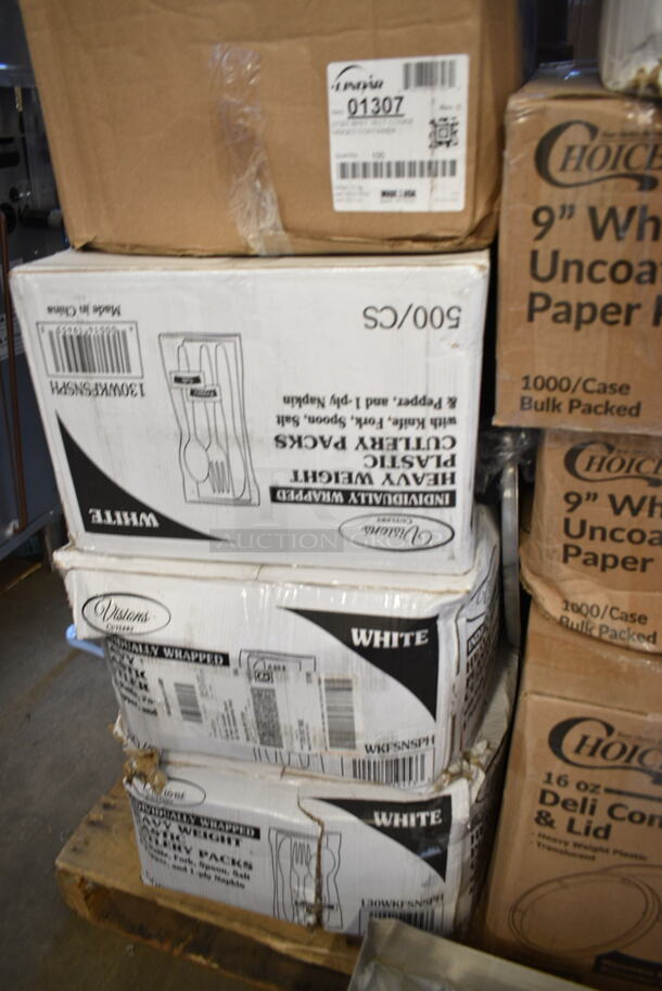PALLET LOT of 28 BRAND NEW Boxes Including 2 Box 4339BULK Choice 9" White Uncoated Paper Plate - 1000/Case, 3 Box 5014046XXHC Lavex Pro 45 Gallon 3 Mil 40" x 46" Low Density Industrial Contractor Clear Can Liner / Trash Bag - 50/Case, 129MCS28B Choice 28 oz. Black Rectangular Microwavable Heavy Weight Container with Lid 8 3/4" x 6 1/4" x 1 3/4" - 150/Case, 129MCR24B Choice 24 oz. Black Round Microwavable Heavy Weight Container with Lid 7 1/4" - 150/Case, 347TCL12 Choice 12 oz. Clear Disposable Plastic Tumbler - 500/Case, 500TO10103 Choice 10" x 10" x 3" Microwaveable 1-Compartment Black / Clear Plastic Hinged Container - 100/Case, 3 Box WKFSNSPH Visions Individually Wrapped Heavy Weight White Plastic Cutlery Pack with Napkin and Salt and Pepper Packets - 500/Case, 130BKFKSNX500 Choice Black Extra Heavy Weight Wrapped Plastic Cutlery Pack with Napkin - 500/Case, 3 Box 130TRAY12 Visions Black PET Plastic 12" Thermoform Catering / Deli Tray - 25/Case. 28 Times Your Bid! - Image 6 of 10