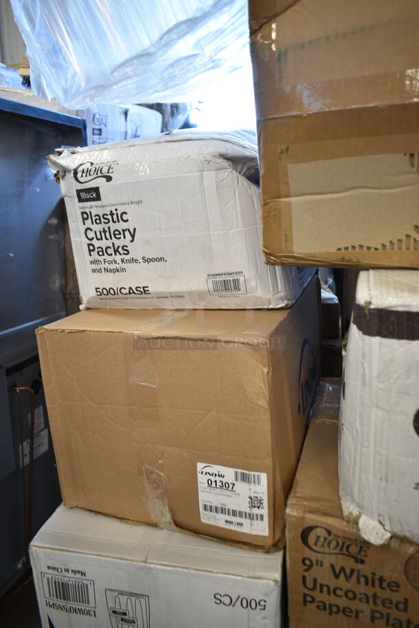 PALLET LOT of 28 BRAND NEW Boxes Including 2 Box 4339BULK Choice 9" White Uncoated Paper Plate - 1000/Case, 3 Box 5014046XXHC Lavex Pro 45 Gallon 3 Mil 40" x 46" Low Density Industrial Contractor Clear Can Liner / Trash Bag - 50/Case, 129MCS28B Choice 28 oz. Black Rectangular Microwavable Heavy Weight Container with Lid 8 3/4" x 6 1/4" x 1 3/4" - 150/Case, 129MCR24B Choice 24 oz. Black Round Microwavable Heavy Weight Container with Lid 7 1/4" - 150/Case, 347TCL12 Choice 12 oz. Clear Disposable Plastic Tumbler - 500/Case, 500TO10103 Choice 10" x 10" x 3" Microwaveable 1-Compartment Black / Clear Plastic Hinged Container - 100/Case, 3 Box WKFSNSPH Visions Individually Wrapped Heavy Weight White Plastic Cutlery Pack with Napkin and Salt and Pepper Packets - 500/Case, 130BKFKSNX500 Choice Black Extra Heavy Weight Wrapped Plastic Cutlery Pack with Napkin - 500/Case, 3 Box 130TRAY12 Visions Black PET Plastic 12" Thermoform Catering / Deli Tray - 25/Case. 28 Times Your Bid! - Image 7 of 10