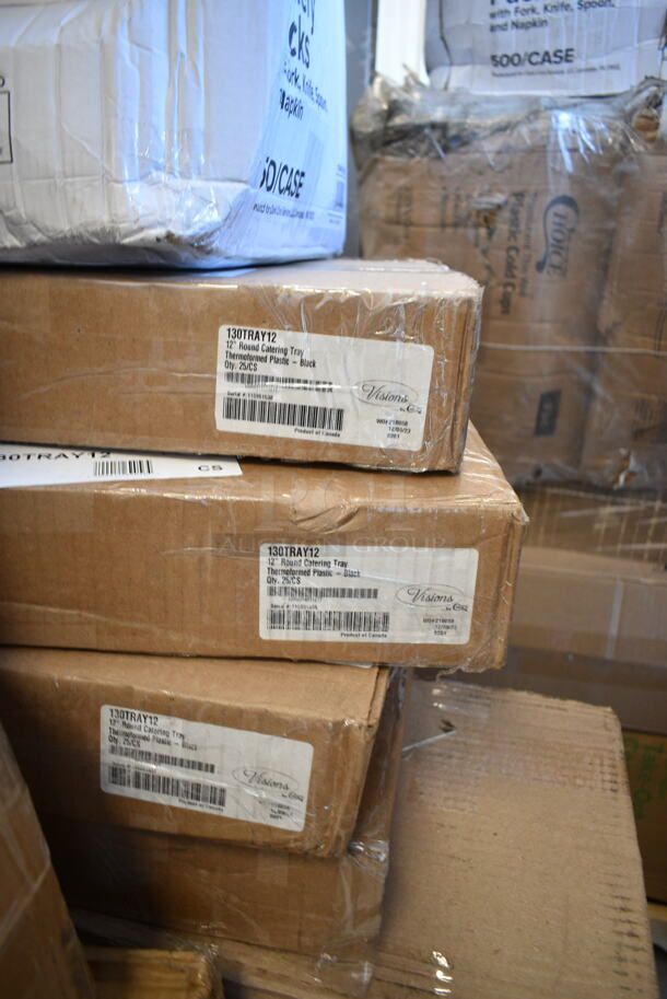 PALLET LOT of 28 BRAND NEW Boxes Including 2 Box 4339BULK Choice 9" White Uncoated Paper Plate - 1000/Case, 3 Box 5014046XXHC Lavex Pro 45 Gallon 3 Mil 40" x 46" Low Density Industrial Contractor Clear Can Liner / Trash Bag - 50/Case, 129MCS28B Choice 28 oz. Black Rectangular Microwavable Heavy Weight Container with Lid 8 3/4" x 6 1/4" x 1 3/4" - 150/Case, 129MCR24B Choice 24 oz. Black Round Microwavable Heavy Weight Container with Lid 7 1/4" - 150/Case, 347TCL12 Choice 12 oz. Clear Disposable Plastic Tumbler - 500/Case, 500TO10103 Choice 10" x 10" x 3" Microwaveable 1-Compartment Black / Clear Plastic Hinged Container - 100/Case, 3 Box WKFSNSPH Visions Individually Wrapped Heavy Weight White Plastic Cutlery Pack with Napkin and Salt and Pepper Packets - 500/Case, 130BKFKSNX500 Choice Black Extra Heavy Weight Wrapped Plastic Cutlery Pack with Napkin - 500/Case, 3 Box 130TRAY12 Visions Black PET Plastic 12" Thermoform Catering / Deli Tray - 25/Case. 28 Times Your Bid! - Image 8 of 10