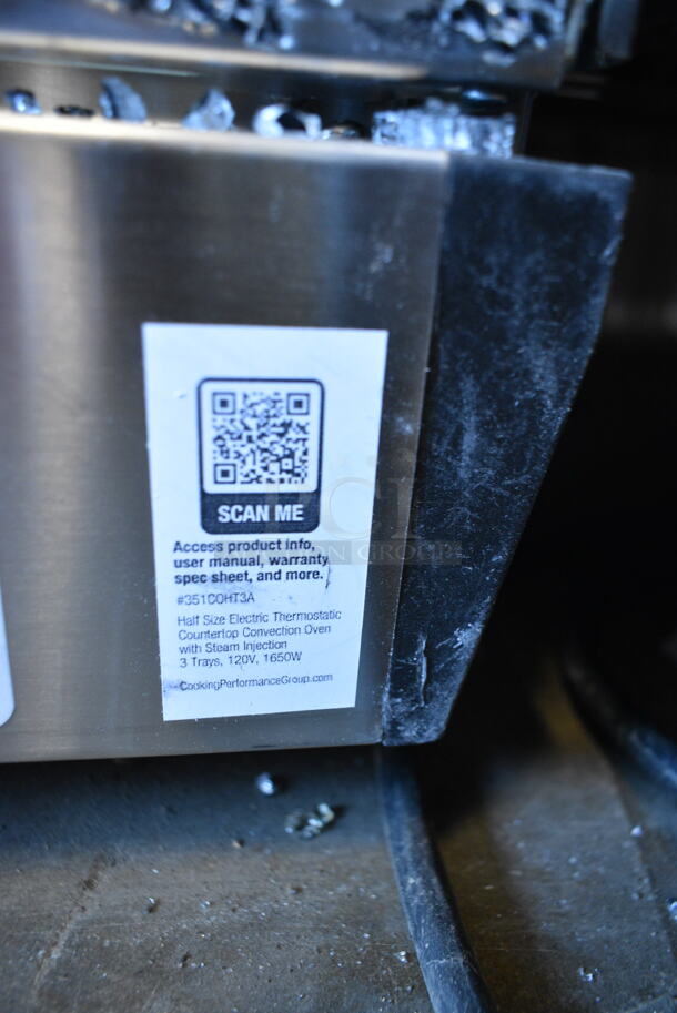 BRAND NEW SCRATCH AND DENT! Cooking Performance Group CPG 351COHT3A Stainless Steel Commercial Electric Thermostatic Countertop 3 Tray Half Size Convection Oven with Steam Injection. See Pictures For Broken Glass. 120 Volts, 1 Phase. Tested and Working! - Image 5 of 5