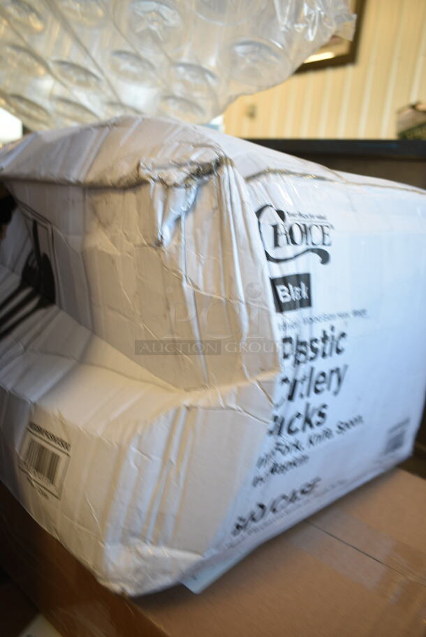 PALLET LOT of 28 BRAND NEW Boxes Including 2 Box 4339BULK Choice 9" White Uncoated Paper Plate - 1000/Case, 3 Box 5014046XXHC Lavex Pro 45 Gallon 3 Mil 40" x 46" Low Density Industrial Contractor Clear Can Liner / Trash Bag - 50/Case, 129MCS28B Choice 28 oz. Black Rectangular Microwavable Heavy Weight Container with Lid 8 3/4" x 6 1/4" x 1 3/4" - 150/Case, 129MCR24B Choice 24 oz. Black Round Microwavable Heavy Weight Container with Lid 7 1/4" - 150/Case, 347TCL12 Choice 12 oz. Clear Disposable Plastic Tumbler - 500/Case, 500TO10103 Choice 10" x 10" x 3" Microwaveable 1-Compartment Black / Clear Plastic Hinged Container - 100/Case, 3 Box WKFSNSPH Visions Individually Wrapped Heavy Weight White Plastic Cutlery Pack with Napkin and Salt and Pepper Packets - 500/Case, 130BKFKSNX500 Choice Black Extra Heavy Weight Wrapped Plastic Cutlery Pack with Napkin - 500/Case, 3 Box 130TRAY12 Visions Black PET Plastic 12" Thermoform Catering / Deli Tray - 25/Case. 28 Times Your Bid! - Image 9 of 10