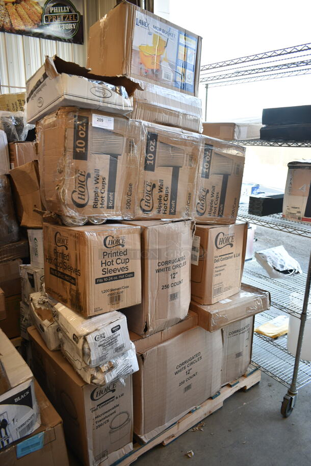 PALLET LOT of 27 BRAND NEW Boxes Including 3 Box 50010RIPKRPE Choice 10 oz. Double Wall Ripple Kraft Paper Hot Cup - 500/Case, 500COLLAR Choice 10-24 oz. Printed Coffee Cup Sleeve / Jacket / Clutch - 1200/Case, 3 Box Corrugated 12" White Circles, 127RD32COMBO Choice 32 oz. Customizable Microwavable Clear Round Deli Container and Lid Combo Pack - 250/Case, 5002DNAP Choice White 2-Ply Dinner Napkin 17" x 15" - 3000/Case, 130WKFSNSPH Visions Individually Wrapped Heavy Weight White Plastic Cutlery Pack with Napkin and Salt and Pepper Packets - 500/Case, 2 Box 130WSPOON Choice Medium Weight White Plastic Teaspoon - 1000/Case, 127RD16COMBO Choice 16 oz. Customizable Microwavable Clear Round Deli Container and Lid Combo Pack - 250/Case, 127RD32COMBO Choice 32 oz. Customizable Microwavable Clear Round Deli Container and Lid Combo Pack - 250/Case, 32640237 Chicago Metallic 40237 26" x 17" Glazed Aluminized Steel Sheet Cake Pan - 1/2" Band in Rim, 274MBCKT26YL Lavex Mop Bucket, 2 Box EcoChoice 8 oz. Kraft Paper Food Cup with Vented Lid - 250/Case, 394385L Noble Products Powder-Free Disposable Latex Gloves for Foodservice - 1000/Case, 394EN503L Noble Products Powder-Free Disposable Blue Exam Grade Nitrile 4 Mil Thick Textured Gloves - Large - 1000/Case. 27 Times Your Bid! - Image 1 of 12
