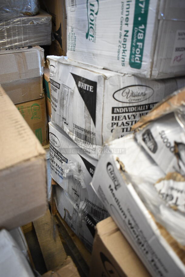 PALLET LOT of 27 BRAND NEW Boxes Including 3 Box 50010RIPKRPE Choice 10 oz. Double Wall Ripple Kraft Paper Hot Cup - 500/Case, 500COLLAR Choice 10-24 oz. Printed Coffee Cup Sleeve / Jacket / Clutch - 1200/Case, 3 Box Corrugated 12" White Circles, 127RD32COMBO Choice 32 oz. Customizable Microwavable Clear Round Deli Container and Lid Combo Pack - 250/Case, 5002DNAP Choice White 2-Ply Dinner Napkin 17" x 15" - 3000/Case, 130WKFSNSPH Visions Individually Wrapped Heavy Weight White Plastic Cutlery Pack with Napkin and Salt and Pepper Packets - 500/Case, 2 Box 130WSPOON Choice Medium Weight White Plastic Teaspoon - 1000/Case, 127RD16COMBO Choice 16 oz. Customizable Microwavable Clear Round Deli Container and Lid Combo Pack - 250/Case, 127RD32COMBO Choice 32 oz. Customizable Microwavable Clear Round Deli Container and Lid Combo Pack - 250/Case, 32640237 Chicago Metallic 40237 26" x 17" Glazed Aluminized Steel Sheet Cake Pan - 1/2" Band in Rim, 274MBCKT26YL Lavex Mop Bucket, 2 Box EcoChoice 8 oz. Kraft Paper Food Cup with Vented Lid - 250/Case, 394385L Noble Products Powder-Free Disposable Latex Gloves for Foodservice - 1000/Case, 394EN503L Noble Products Powder-Free Disposable Blue Exam Grade Nitrile 4 Mil Thick Textured Gloves - Large - 1000/Case. 27 Times Your Bid! - Image 2 of 12