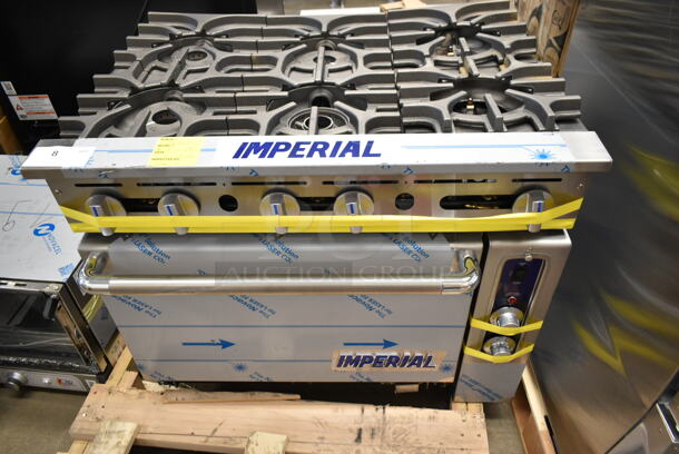 BRAND NEW SCRATCH AND DENT! Imperial 974IR6CNG Stainless Steel Commercial Natural Gas Powered 6 Burner Range w/ CONVECTION Oven and Over Shelf. No Back Splash.  - Image 2 of 9