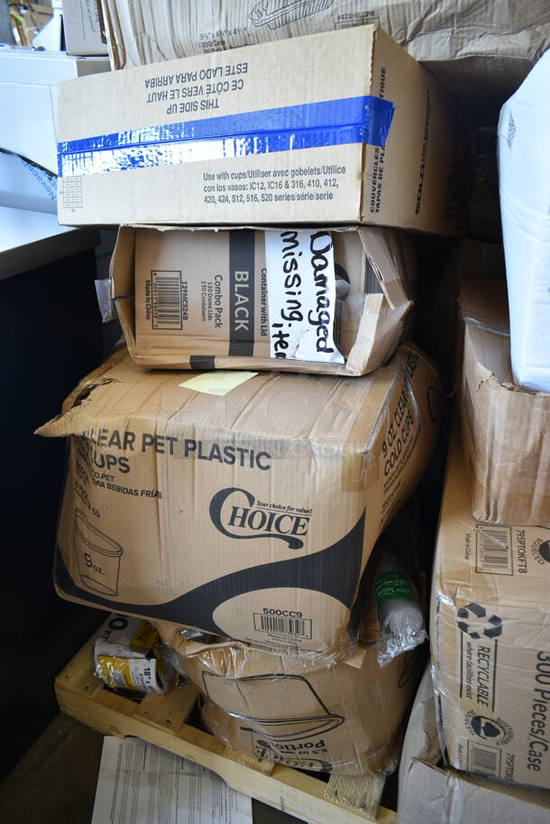 PALLET LOT of 30 BRAND NEW Boxes Including Noble Large Gloves, 3 Boxes Environ 1058150 Knives, Lavex 2 Ply Toilet Paper Rolls, 5153 American Flag Trays, 5002DNAPRED Red Table Napkins, 795PTOKFT Choice 8 1/2" x 6" x 2" Kraft Folded Paper #2 Take-Out Container with Window - 160/Case, 129MCS24B Choice 24 oz. Black Rectangular Microwavable Heavy Weight Container with Lid 8" x 5 1/4" x 2" - 150/Case, 500CC9 Choice 9 oz. Clear PET Customizable Plastic Squat Cold Cup - 1000/Case, 433HSLCPIE Plastic Pie Container. 30 Times Your Bid! - Image 11 of 12