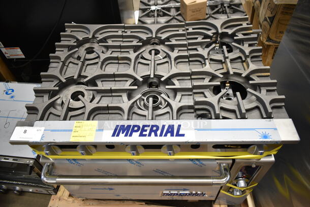 BRAND NEW SCRATCH AND DENT! Imperial 974IR6CNG Stainless Steel Commercial Natural Gas Powered 6 Burner Range w/ CONVECTION Oven and Over Shelf. No Back Splash.  - Image 3 of 9