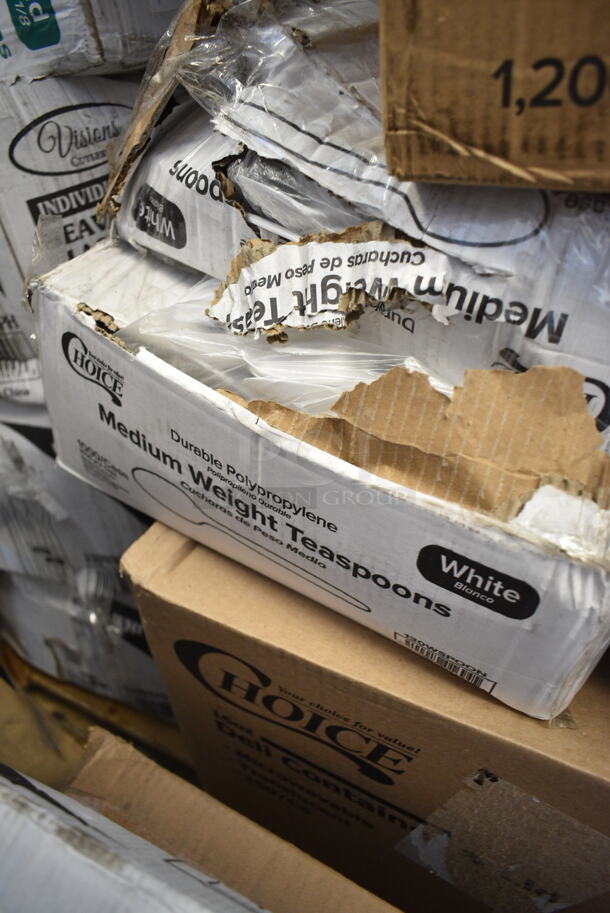 PALLET LOT of 27 BRAND NEW Boxes Including 3 Box 50010RIPKRPE Choice 10 oz. Double Wall Ripple Kraft Paper Hot Cup - 500/Case, 500COLLAR Choice 10-24 oz. Printed Coffee Cup Sleeve / Jacket / Clutch - 1200/Case, 3 Box Corrugated 12" White Circles, 127RD32COMBO Choice 32 oz. Customizable Microwavable Clear Round Deli Container and Lid Combo Pack - 250/Case, 5002DNAP Choice White 2-Ply Dinner Napkin 17" x 15" - 3000/Case, 130WKFSNSPH Visions Individually Wrapped Heavy Weight White Plastic Cutlery Pack with Napkin and Salt and Pepper Packets - 500/Case, 2 Box 130WSPOON Choice Medium Weight White Plastic Teaspoon - 1000/Case, 127RD16COMBO Choice 16 oz. Customizable Microwavable Clear Round Deli Container and Lid Combo Pack - 250/Case, 127RD32COMBO Choice 32 oz. Customizable Microwavable Clear Round Deli Container and Lid Combo Pack - 250/Case, 32640237 Chicago Metallic 40237 26" x 17" Glazed Aluminized Steel Sheet Cake Pan - 1/2" Band in Rim, 274MBCKT26YL Lavex Mop Bucket, 2 Box EcoChoice 8 oz. Kraft Paper Food Cup with Vented Lid - 250/Case, 394385L Noble Products Powder-Free Disposable Latex Gloves for Foodservice - 1000/Case, 394EN503L Noble Products Powder-Free Disposable Blue Exam Grade Nitrile 4 Mil Thick Textured Gloves - Large - 1000/Case. 27 Times Your Bid! - Image 4 of 12