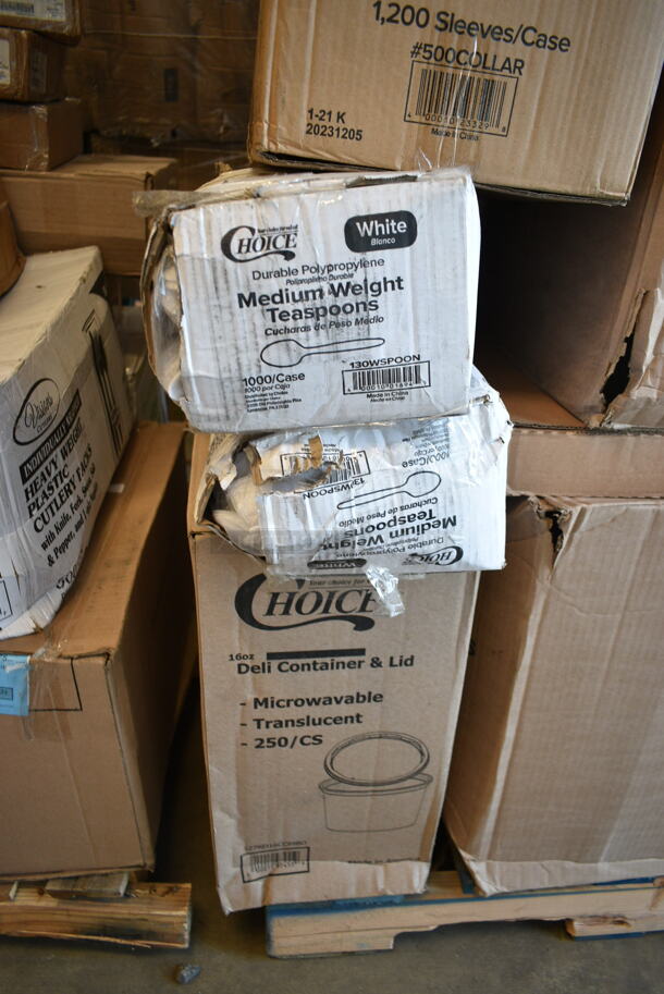 PALLET LOT of 27 BRAND NEW Boxes Including 3 Box 50010RIPKRPE Choice 10 oz. Double Wall Ripple Kraft Paper Hot Cup - 500/Case, 500COLLAR Choice 10-24 oz. Printed Coffee Cup Sleeve / Jacket / Clutch - 1200/Case, 3 Box Corrugated 12" White Circles, 127RD32COMBO Choice 32 oz. Customizable Microwavable Clear Round Deli Container and Lid Combo Pack - 250/Case, 5002DNAP Choice White 2-Ply Dinner Napkin 17" x 15" - 3000/Case, 130WKFSNSPH Visions Individually Wrapped Heavy Weight White Plastic Cutlery Pack with Napkin and Salt and Pepper Packets - 500/Case, 2 Box 130WSPOON Choice Medium Weight White Plastic Teaspoon - 1000/Case, 127RD16COMBO Choice 16 oz. Customizable Microwavable Clear Round Deli Container and Lid Combo Pack - 250/Case, 127RD32COMBO Choice 32 oz. Customizable Microwavable Clear Round Deli Container and Lid Combo Pack - 250/Case, 32640237 Chicago Metallic 40237 26" x 17" Glazed Aluminized Steel Sheet Cake Pan - 1/2" Band in Rim, 274MBCKT26YL Lavex Mop Bucket, 2 Box EcoChoice 8 oz. Kraft Paper Food Cup with Vented Lid - 250/Case, 394385L Noble Products Powder-Free Disposable Latex Gloves for Foodservice - 1000/Case, 394EN503L Noble Products Powder-Free Disposable Blue Exam Grade Nitrile 4 Mil Thick Textured Gloves - Large - 1000/Case. 27 Times Your Bid! - Image 5 of 12