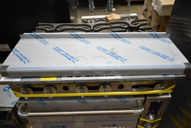 BRAND NEW SCRATCH AND DENT! Imperial 974IR6CNG Stainless Steel Commercial Natural Gas Powered 6 Burner Range w/ CONVECTION Oven and Over Shelf. No Back Splash.  - Image 5 of 9