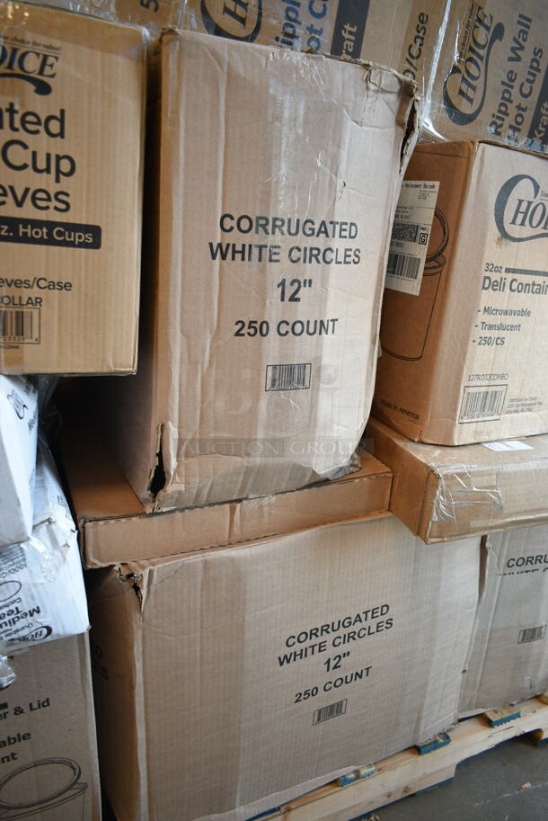 PALLET LOT of 27 BRAND NEW Boxes Including 3 Box 50010RIPKRPE Choice 10 oz. Double Wall Ripple Kraft Paper Hot Cup - 500/Case, 500COLLAR Choice 10-24 oz. Printed Coffee Cup Sleeve / Jacket / Clutch - 1200/Case, 3 Box Corrugated 12" White Circles, 127RD32COMBO Choice 32 oz. Customizable Microwavable Clear Round Deli Container and Lid Combo Pack - 250/Case, 5002DNAP Choice White 2-Ply Dinner Napkin 17" x 15" - 3000/Case, 130WKFSNSPH Visions Individually Wrapped Heavy Weight White Plastic Cutlery Pack with Napkin and Salt and Pepper Packets - 500/Case, 2 Box 130WSPOON Choice Medium Weight White Plastic Teaspoon - 1000/Case, 127RD16COMBO Choice 16 oz. Customizable Microwavable Clear Round Deli Container and Lid Combo Pack - 250/Case, 127RD32COMBO Choice 32 oz. Customizable Microwavable Clear Round Deli Container and Lid Combo Pack - 250/Case, 32640237 Chicago Metallic 40237 26" x 17" Glazed Aluminized Steel Sheet Cake Pan - 1/2" Band in Rim, 274MBCKT26YL Lavex Mop Bucket, 2 Box EcoChoice 8 oz. Kraft Paper Food Cup with Vented Lid - 250/Case, 394385L Noble Products Powder-Free Disposable Latex Gloves for Foodservice - 1000/Case, 394EN503L Noble Products Powder-Free Disposable Blue Exam Grade Nitrile 4 Mil Thick Textured Gloves - Large - 1000/Case. 27 Times Your Bid! - Image 6 of 12