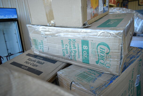 PALLET LOT of 27 BRAND NEW Boxes Including 3 Box 50010RIPKRPE Choice 10 oz. Double Wall Ripple Kraft Paper Hot Cup - 500/Case, 500COLLAR Choice 10-24 oz. Printed Coffee Cup Sleeve / Jacket / Clutch - 1200/Case, 3 Box Corrugated 12" White Circles, 127RD32COMBO Choice 32 oz. Customizable Microwavable Clear Round Deli Container and Lid Combo Pack - 250/Case, 5002DNAP Choice White 2-Ply Dinner Napkin 17" x 15" - 3000/Case, 130WKFSNSPH Visions Individually Wrapped Heavy Weight White Plastic Cutlery Pack with Napkin and Salt and Pepper Packets - 500/Case, 2 Box 130WSPOON Choice Medium Weight White Plastic Teaspoon - 1000/Case, 127RD16COMBO Choice 16 oz. Customizable Microwavable Clear Round Deli Container and Lid Combo Pack - 250/Case, 127RD32COMBO Choice 32 oz. Customizable Microwavable Clear Round Deli Container and Lid Combo Pack - 250/Case, 32640237 Chicago Metallic 40237 26" x 17" Glazed Aluminized Steel Sheet Cake Pan - 1/2" Band in Rim, 274MBCKT26YL Lavex Mop Bucket, 2 Box EcoChoice 8 oz. Kraft Paper Food Cup with Vented Lid - 250/Case, 394385L Noble Products Powder-Free Disposable Latex Gloves for Foodservice - 1000/Case, 394EN503L Noble Products Powder-Free Disposable Blue Exam Grade Nitrile 4 Mil Thick Textured Gloves - Large - 1000/Case. 27 Times Your Bid! - Image 12 of 12
