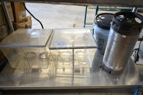ALL ONE MONEY! Lot of 4 Items; Keg, Poly Bucket and 2 Double Refrigerated Beverage Machine Hoppers. 