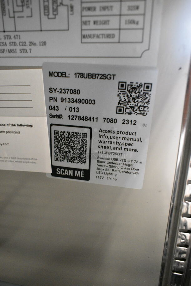 BRAND NEW SCRATCH AND DENT! 2023 Avantco 178UBB72SGT Metal Commercial 3 Door Back Bar Cooler Merchandiser. 115 Volts, 1 Phase. Cannot Test Due To Damaged Plug Head - Image 8 of 8