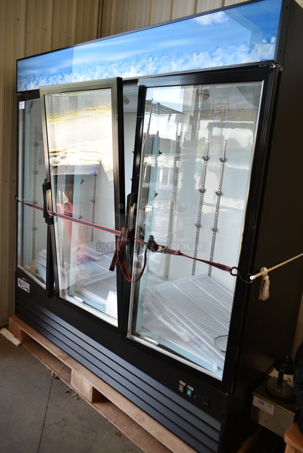 BRAND NEW SCRATCH AND DENT! 2023 Avantco 178GDC69HCB Metal Commercial 3 Door Reach In Cooler Merchandiser w/ Poly Coated Racks. 1 Door Needs To Be Reattached. 115 Volts, 1 Phase. Tested and Working! - Image 2 of 7