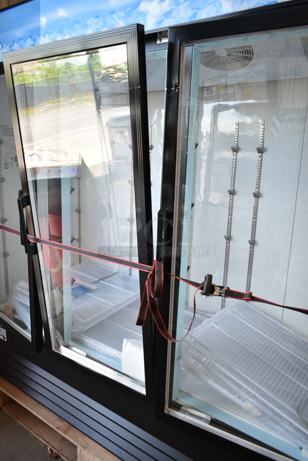 BRAND NEW SCRATCH AND DENT! 2023 Avantco 178GDC69HCB Metal Commercial 3 Door Reach In Cooler Merchandiser w/ Poly Coated Racks. 1 Door Needs To Be Reattached. 115 Volts, 1 Phase. Tested and Working! - Image 3 of 7