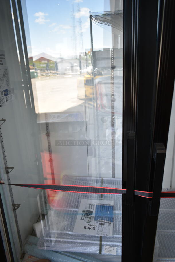 BRAND NEW SCRATCH AND DENT! 2023 Avantco 178GDC69HCB Metal Commercial 3 Door Reach In Cooler Merchandiser w/ Poly Coated Racks. 1 Door Needs To Be Reattached. 115 Volts, 1 Phase. Tested and Working! - Image 6 of 7