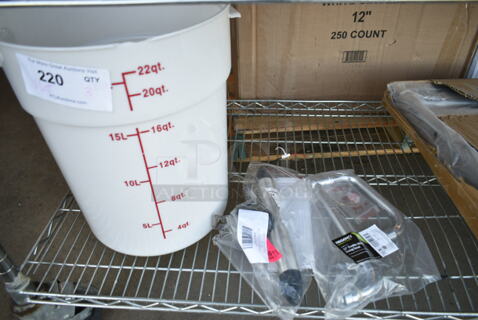 BRAND NEW SCRATCH AND DENT! Lot of 3 Items Including 22 Quart White Bin, Regency 600FSNZDJ15 15" Double-Jointed Swing Spout with 2 GPM Aerator and Alto-Shaam 5021564 Handle With Latch