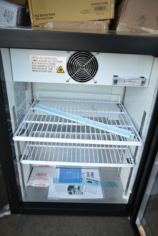 BRAND NEW SCRATCH AND DENT! Avantco CRM-5-HC Black Countertop Display Refrigerator with Swing Door - 3.9 Cu. Ft. 115 Volts, 1 Phase. Cannot Test Due To Cut Power Cord - Image 4 of 5