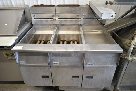 Pitco Frialator SG14-S Stainless Steel Commercial Natural Gas Powered 2 Bay Deep Fat Fryer w/ Right Side Dumping Station. 110,000 BTU. 