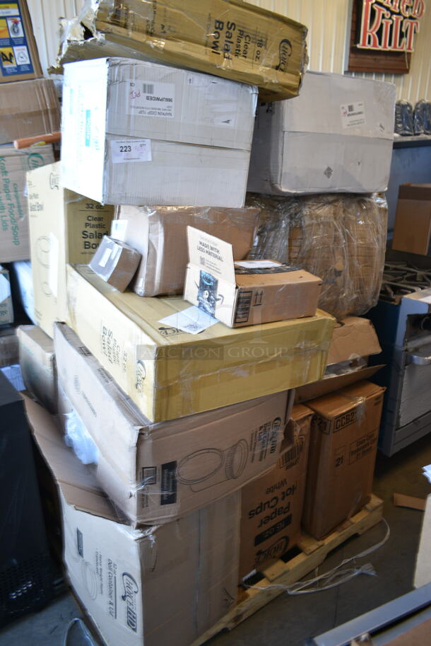 PALLET LOT of 25 BRAND NEW Boxes Including 128HD32COMBO ChoiceHD 32 oz. Microwavable Translucent Plastic Deli Container and Lid Combo Pack - 240/Case, 50016W Choice 16 oz. White Poly Paper Hot Cup - 1000/Case, CCB21 Coca-Cola 21 Ounce Cups, Nemco 77353 Divider for Ice Cream Dipper Wells - 12", 999COLLAR88R Grill Pads, 127SB32COMBO Choice 32 oz. Clear Plastic Salad Bowl with Lid - 150/Case, 966UPWIDEB OneUp by Choice White 2-Ply Wide Interfold 6 1/2" x 8 1/2" Dispenser Napkin - 6000/Case, 127SB32COMBO Choice 32 oz. Clear Plastic Salad Bowl with Lid - 150/Case, 52023 Vollrath Spatulas, 127SB18COMBO Choice 18 oz. Clear Plastic Salad Bowl with Lid - 150/Case, 130BKFKSNX500 Choice Black Extra Heavy Weight Wrapped Plastic Cutlery Pack with Napkin - 500/Case. 25 Times Your Bid! - Image 1 of 12