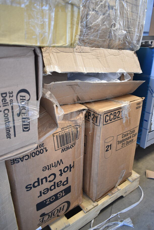 PALLET LOT of 25 BRAND NEW Boxes Including 128HD32COMBO ChoiceHD 32 oz. Microwavable Translucent Plastic Deli Container and Lid Combo Pack - 240/Case, 50016W Choice 16 oz. White Poly Paper Hot Cup - 1000/Case, CCB21 Coca-Cola 21 Ounce Cups, Nemco 77353 Divider for Ice Cream Dipper Wells - 12", 999COLLAR88R Grill Pads, 127SB32COMBO Choice 32 oz. Clear Plastic Salad Bowl with Lid - 150/Case, 966UPWIDEB OneUp by Choice White 2-Ply Wide Interfold 6 1/2" x 8 1/2" Dispenser Napkin - 6000/Case, 127SB32COMBO Choice 32 oz. Clear Plastic Salad Bowl with Lid - 150/Case, 52023 Vollrath Spatulas, 127SB18COMBO Choice 18 oz. Clear Plastic Salad Bowl with Lid - 150/Case, 130BKFKSNX500 Choice Black Extra Heavy Weight Wrapped Plastic Cutlery Pack with Napkin - 500/Case. 25 Times Your Bid! - Image 3 of 12