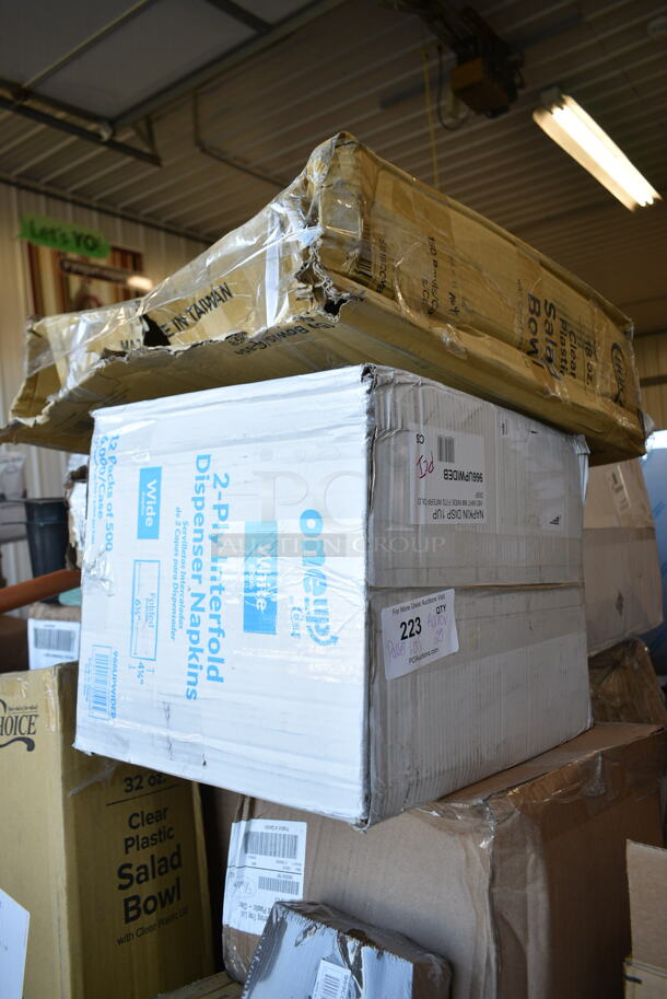 PALLET LOT of 25 BRAND NEW Boxes Including 128HD32COMBO ChoiceHD 32 oz. Microwavable Translucent Plastic Deli Container and Lid Combo Pack - 240/Case, 50016W Choice 16 oz. White Poly Paper Hot Cup - 1000/Case, CCB21 Coca-Cola 21 Ounce Cups, Nemco 77353 Divider for Ice Cream Dipper Wells - 12", 999COLLAR88R Grill Pads, 127SB32COMBO Choice 32 oz. Clear Plastic Salad Bowl with Lid - 150/Case, 966UPWIDEB OneUp by Choice White 2-Ply Wide Interfold 6 1/2" x 8 1/2" Dispenser Napkin - 6000/Case, 127SB32COMBO Choice 32 oz. Clear Plastic Salad Bowl with Lid - 150/Case, 52023 Vollrath Spatulas, 127SB18COMBO Choice 18 oz. Clear Plastic Salad Bowl with Lid - 150/Case, 130BKFKSNX500 Choice Black Extra Heavy Weight Wrapped Plastic Cutlery Pack with Napkin - 500/Case. 25 Times Your Bid! - Image 6 of 12