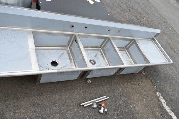 BRAND NEW SCRATCH AND DENT! Regency 600S32323224 121" 16-Gauge Stainless Steel Three Compartment Commercial Sink with Galvanized Steel Legs and 2 Drainboards - 23" x 23" x 12" Bowls. No Legs.  - Image 4 of 8