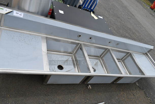 BRAND NEW SCRATCH AND DENT! Regency 600S32323224 121" 16-Gauge Stainless Steel Three Compartment Commercial Sink with Galvanized Steel Legs and 2 Drainboards - 23" x 23" x 12" Bowls. No Legs.  - Image 5 of 8