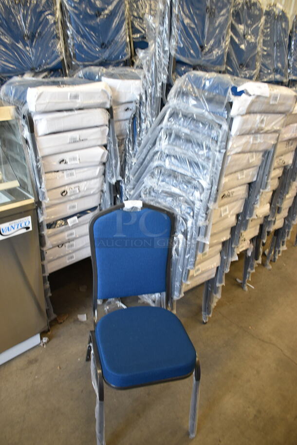 25 BRAND NEW SCRATCH AND DENT! Lancaster Table & Seating 164BNQCRNVY Navy Fabric Crown Back Stackable Banquet Chair with Silver Vein Frame. 25 Times Your Bid! - Image 2 of 5